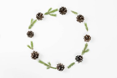 Noel kompozisyon. Köknar dalı yuvarlak çerçeve, çam kozalakları beyaz arka plan üzerinde. Düz yatıyordu, en iyi görünüm, kopya alanı,