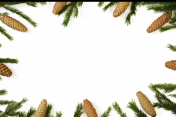 Christmas composition. Pine cones, fresh fir branches isolated on white background. Flat lay, top view, copy space — Stock Photo, Image