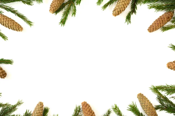 Christmas composition. Pine cones, fresh fir branches isolated on white background. Flat lay, top view, copy space — Stock Photo, Image