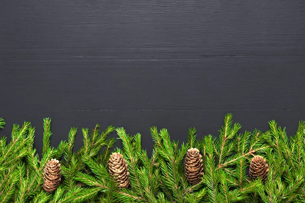 Christmas Border Fir Tree Branches Black Flat Lay Mock — Stock Photo, Image