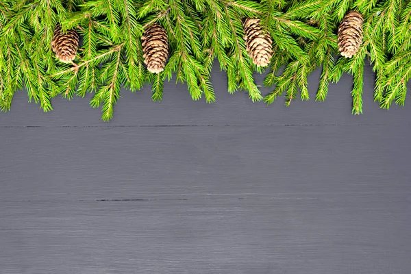 Christmas Border made of natural fir tree branches on black, Flat lay mock-up for restaurant menu — Stock Photo, Image