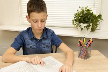 Ev ödevi yaparken konsantre küçük çocuk okuma kitabı