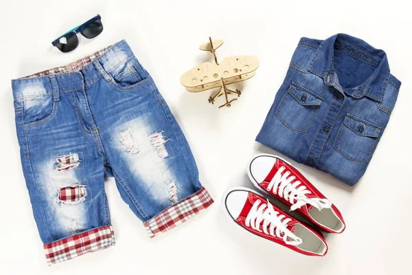 Collection collage of summer clothing and accessories. Summer outfit of casual on white