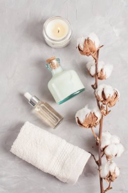 Çeşitli spa gri arka plan, üstten görünüm nesneleri ilgili. Vücut ve cilt bakımı düz kopya alanı ile yatıyordu. Güzellik bakım kavramı