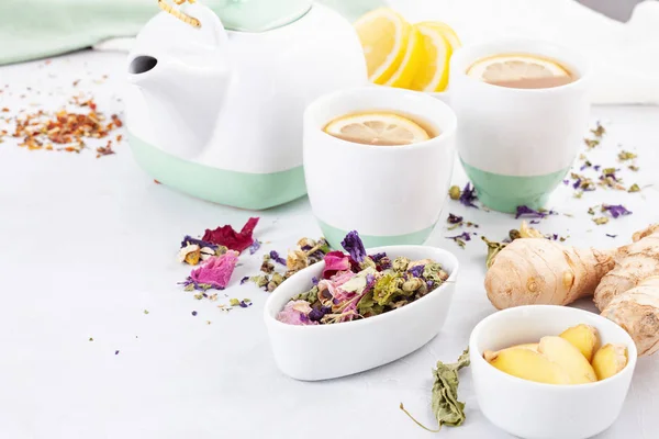 Egészséges Gyógynövény Tea Citrom Gyömbér Antioxidáns Detox Frissítő Ital — Stock Fotó