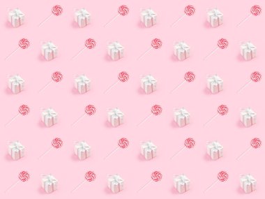 Pastel pembe arka plan üzerinde beyaz hediye ve şeker kutusu ile Seamless modeli