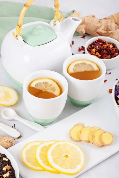 Variety of healthy herbal and fruit tea with lemon and ginger. Antioxidant, detox, refreshing drink