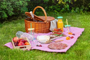 Piknik sepeti ile farklı aperatifler bahçede yeşil çimenlerin üzerinde