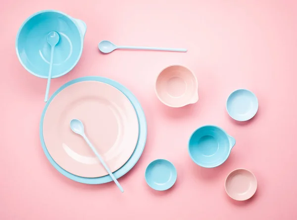 Mockup Pastel Pink Blue Plates Bowls Millennial Pink Background — Stock Photo, Image