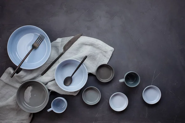 Set Modern Trendy Plates Bleu Grey Colors Minimalistic Flat Lay — Stock Photo, Image