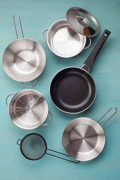 Set Kitchen Metallic Pans Mockup Kitchen Utensils Recipe Book Cooking — Stock Photo, Image