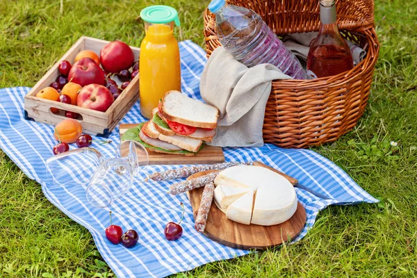Picknickkorb Mit Verschiedenen Snacks Auf Dem Grünen Rasen Garten — Stockfoto