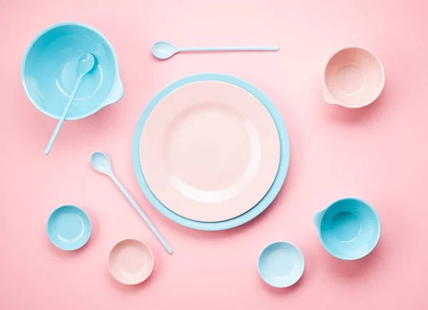 Mockup Pastel Pink Blue Plates Bowls Millennial Pink Background — Stock Photo, Image