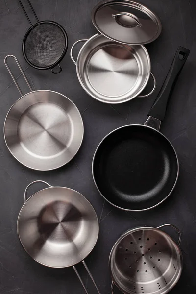 Set Kitchen Metallic Pans Mockup Kitchen Utensils Recipe Book Cooking — Stock Photo, Image