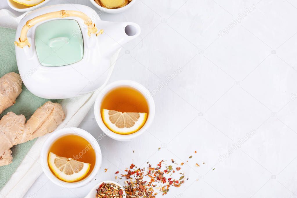 Healthy herbal tea with lemon and ginger. Antioxidant, detox, refreshing drink