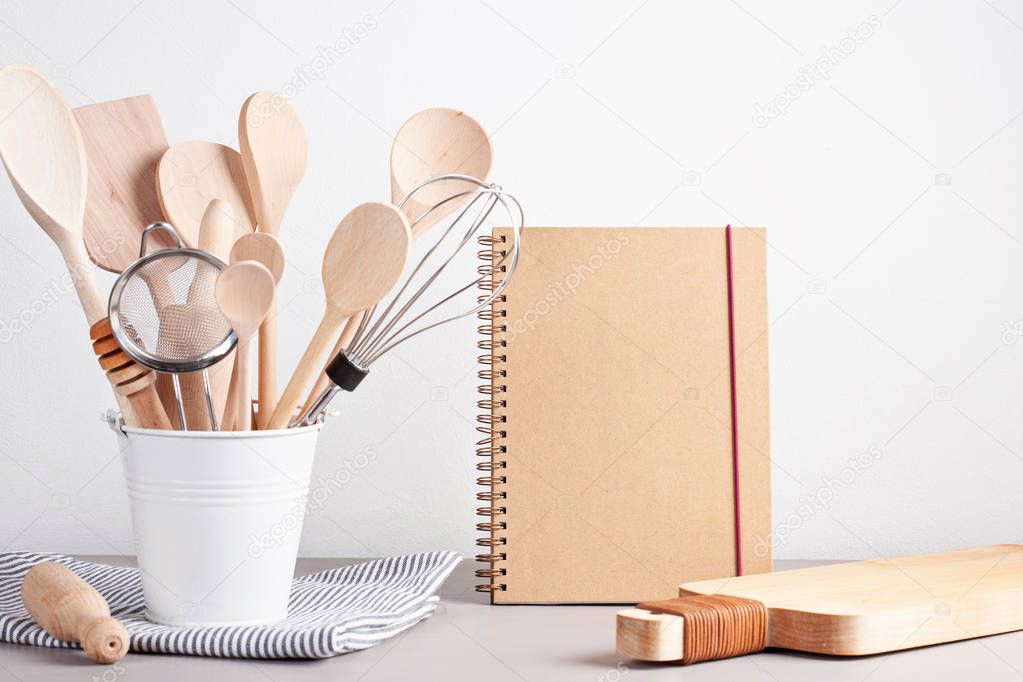 Various kitchen utensils. Recipe cookbook and cooking classes concept