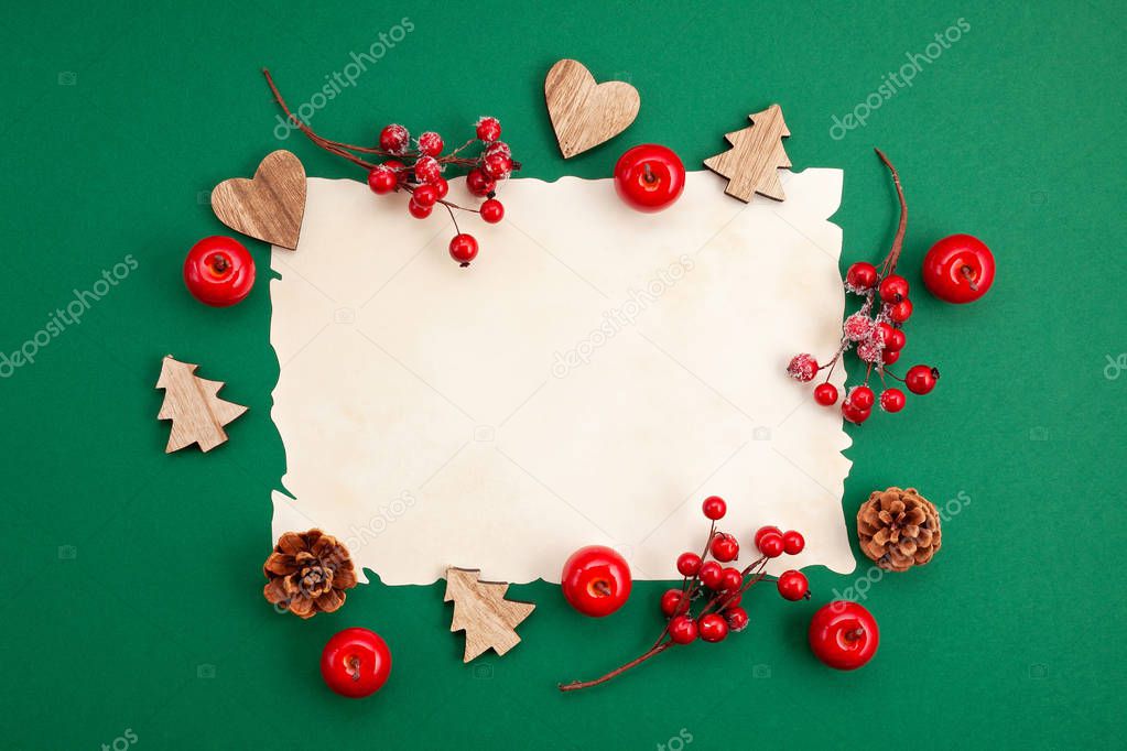 Festive christmas mockup over the green  background with paper for text and red decoration