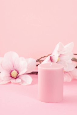 Narin çiçekler ve pastel pembe arka plan kopya alanı ile üzerinde kokulu mum 