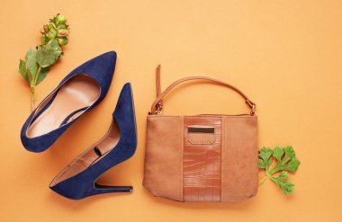 Düz sonbahar Bayan aksesuarlar koleksiyonu ile yatıyordu. Alışveriş, moda blog, satış, hediye fikirleri kavramı. Üstten görünüm