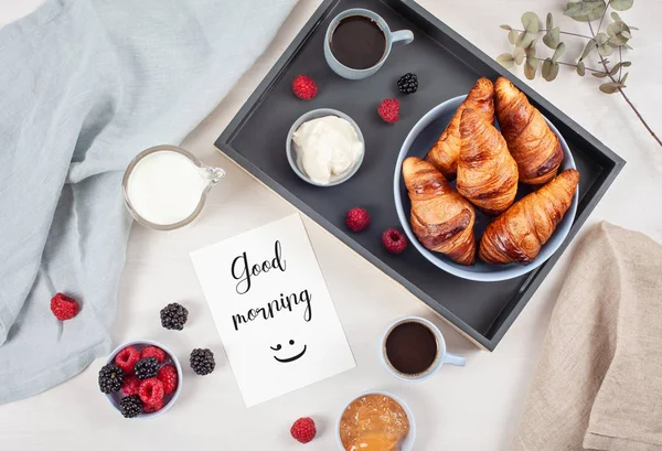 Breakfast Served Coffee Croissants Fresh Berries Milk Cream Jam Card — Stock Photo, Image