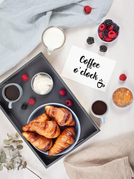 Breakfast Served Coffee Croissants Fresh Berries Milk Cream Jam Card — Stock Photo, Image