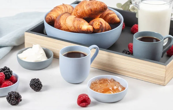 Breakfast Served Coffee Croissants Fresh Berries Milk Cream Jam — Stock Photo, Image