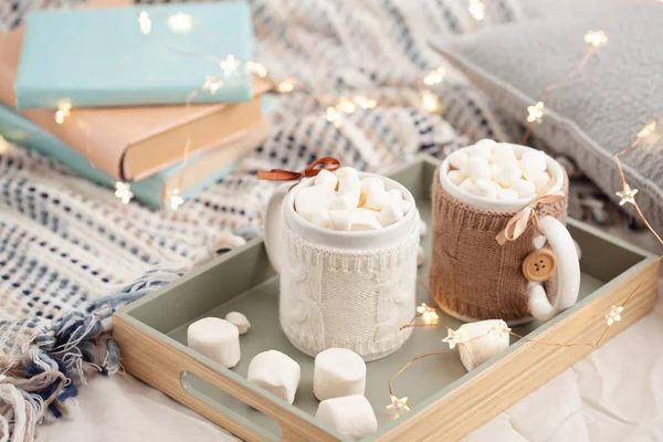 Twee Kopjes Chocolademelk Met Marshmallows Kerstverlichting Boeken — Stockfoto