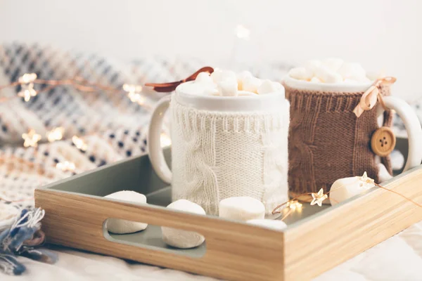 Dienblad Met Twee Mokken Warme Chocolademelk Met Marshmallows Zachte Geruite — Stockfoto