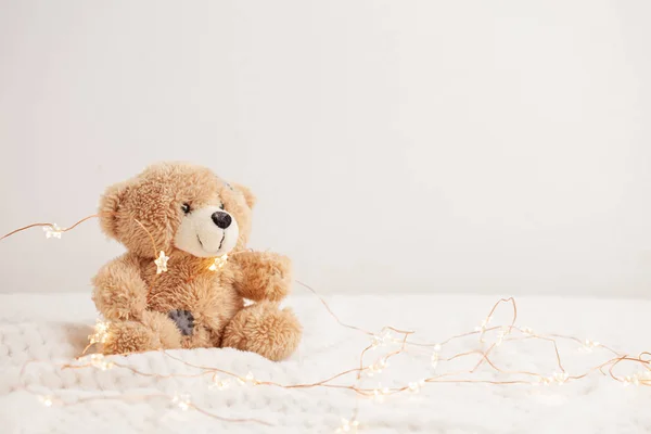 Teddy bear on soft plaid background with Christmas lights.