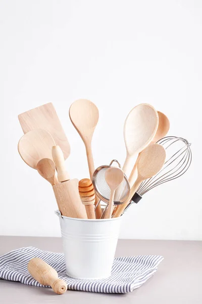 Various Kitchen Utensil Metallic Basket Grey Table Napkin — Stock Photo, Image