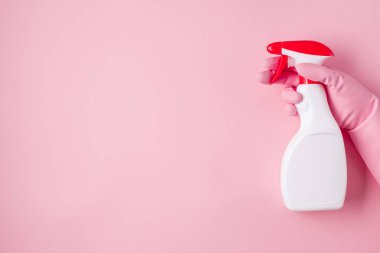 Deterjan ve temizlik Aksesuarları pastel renkte. Temizleme Servisi, küçük iş fikri, Bahar Temizlik kavramı. Düz yatıyordu, en iyi görünümü.