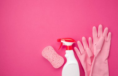Deterjan ve temizlik Aksesuarları pastel renkte. Temizleme Servisi, küçük iş fikri, Bahar Temizlik kavramı. Düz yatıyordu, en iyi görünümü.
