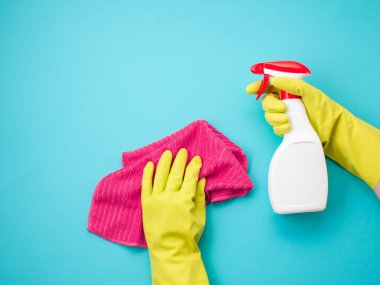 Deterjan ve temizlik Aksesuarları pastel renkte. Temizleme Servisi, küçük iş fikri, Bahar Temizlik kavramı. Düz yatıyordu, en iyi görünümü.
