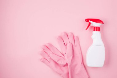 Deterjan ve temizlik Aksesuarları pastel renkte. Temizleme Servisi, küçük iş fikri, Bahar Temizlik kavramı. Düz yatıyordu, en iyi görünümü.