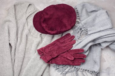 Soğuk hava için rahat ve sıcak kıyafetlerle yatıyordu. Rahat bir sonbahar, kışlık kıyafet alışverişi, satış, moda renk konsepti.