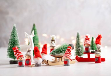 Noel arka plan ile minyatür oyuncaklar ile kalmamak sahneleri, mevsimlik Noel, yeni yıl ve kış dekorasyonları 