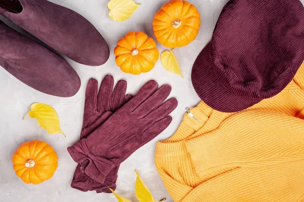 Flat Lay Com Conforto Roupa Quente Para Tempo Frio Outono — Fotografia de Stock