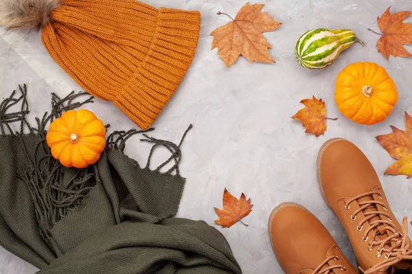 Flat Lay Comfort Warm Outfit Cold Weather Comfortable Autumn Winter — Stock Photo, Image