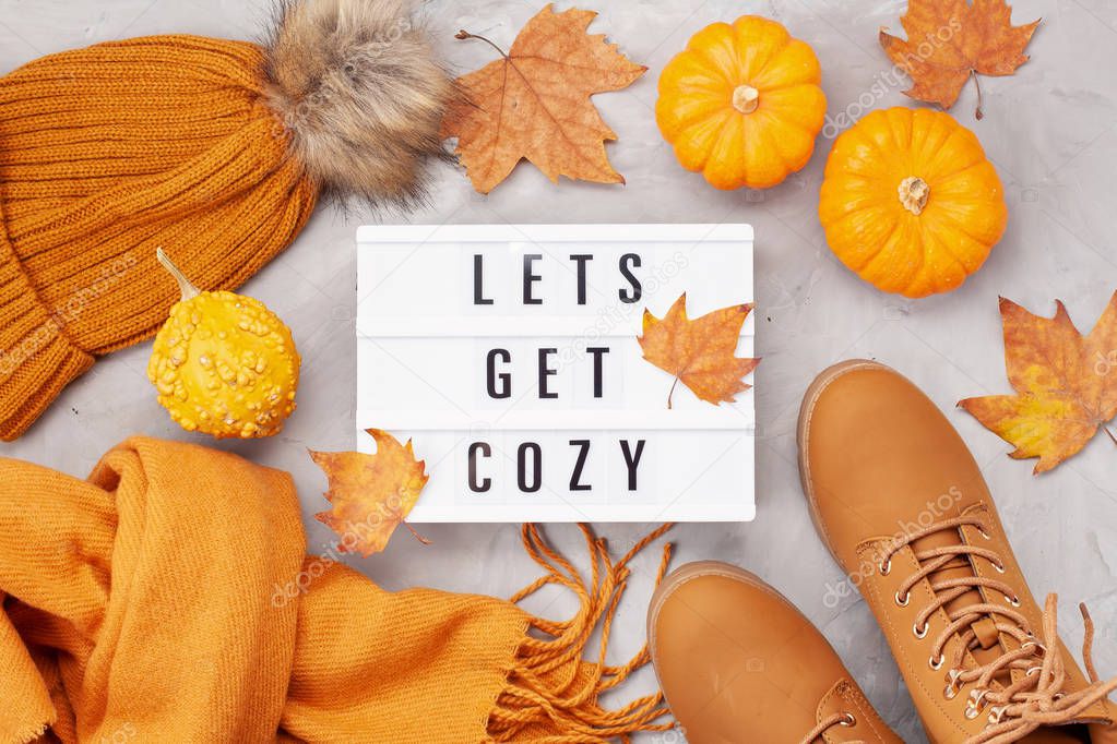 Flat lay with comfort warm outfit for cold weather. Comfortable autumn, winter clothes shopping, sale, style in trendy colors concept. Lightbox with the text Let's get cozy