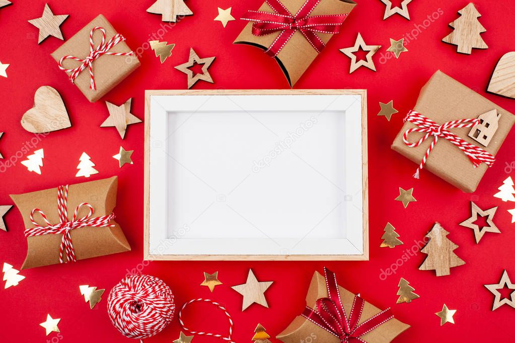 Flat lay with bright Christmas decorations. New year celebration and Christmas concept