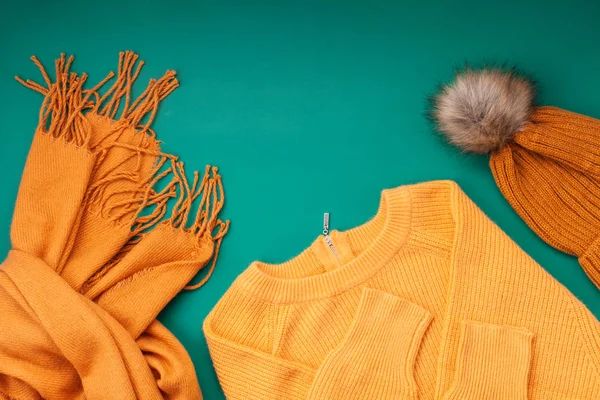 Flat Lay Com Conforto Roupa Quente Para Tempo Frio Outono — Fotografia de Stock