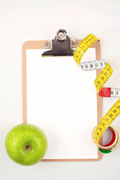 Schránka Apple Měřicí Páska Pro Diety Hubnutí Fitness Plánování Koncept — Stock fotografie