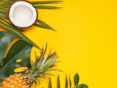 Yaz tatili, seyahat, turizm konsepti düz yatıyordu. Tropikal yapraklar üst görünümü