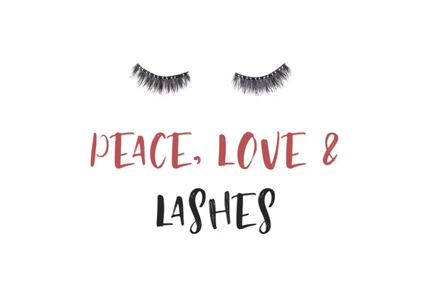 Poster with pair of long false lashes over white background with quote Peace love and lashes.  Style, trend, fashion, fun concept