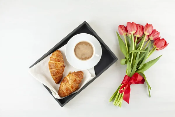 Flat Lay French Style Breakfast Coffee Croissants Summer Vacations Weekend — Stock Photo, Image