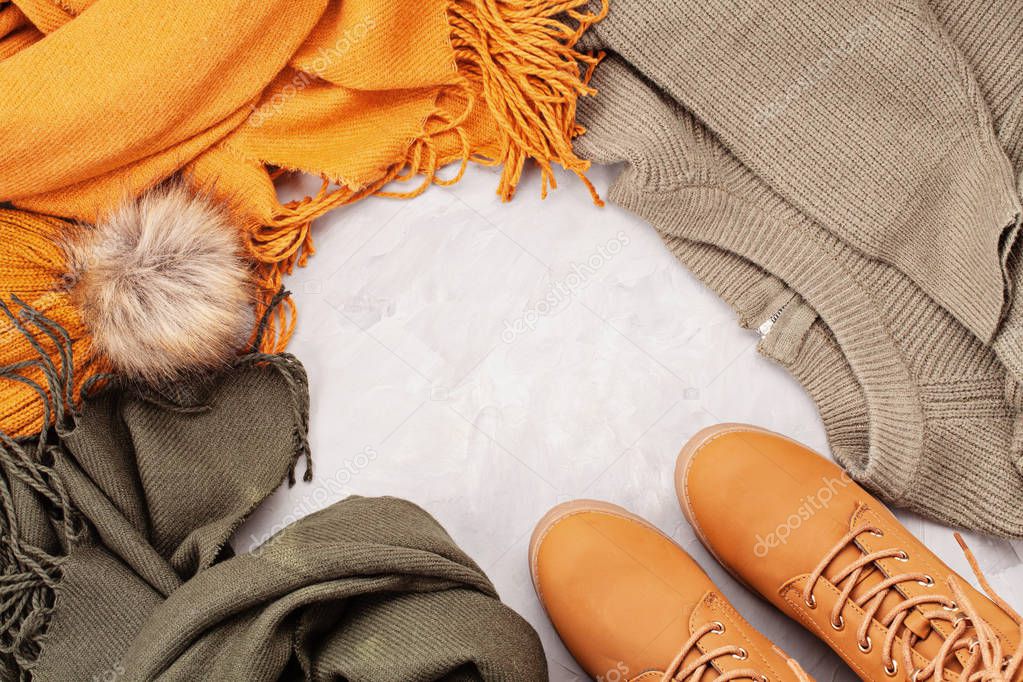 Flat lay with comfort warm outfit for cold weather. Comfortable 