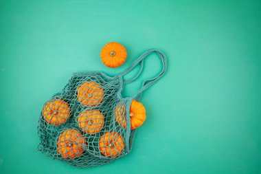 Üst görünüm sonbahar kompozisyonu. Kabaklar alışveriş poşetinde.