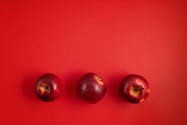 Kırmızı arka planda taze ve sulu elmalar. Yaz zamanı, kırmızı meyveler, vitaminler, yerel, organik meyve konsepti satın al. Düz yat, boşluğu kopyala