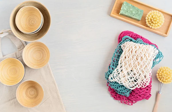 Zero Waste Kit Set Aus Umweltfreundlichem Bambusbesteck Baumwolltasche Wiederverwendbarem Kaffeebecher — Stockfoto