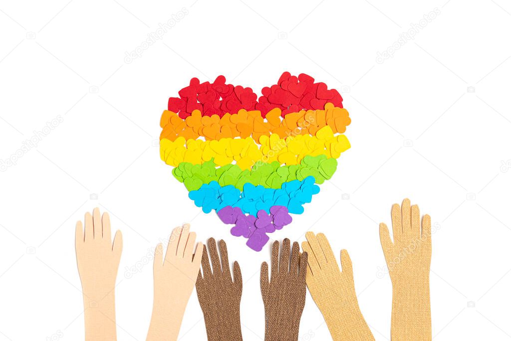 Paper heart with rainbow color stripes symbol of LGBT gay Pride. Love, diversity, tolerance, equality concept